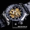 Forsining Men's Automatic Skeleton Watch Blue Black Stainless Steel Band Waterproof Modern Design