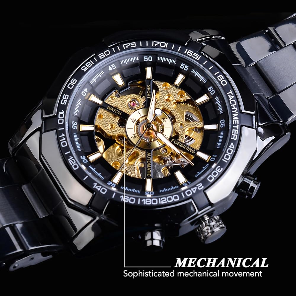 Forsining Men's Automatic Skeleton Watch Blue Black Stainless Steel Band Waterproof Modern Design