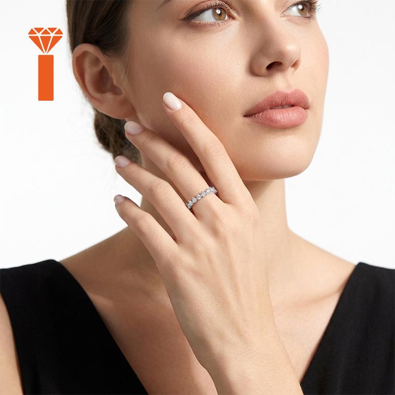 Ready Stock Shared Prong  Moissanite Ring 0.06ct Round 2.3g Prong Set Half Eternity  S925 Silver Bridal Stack Promise Rings