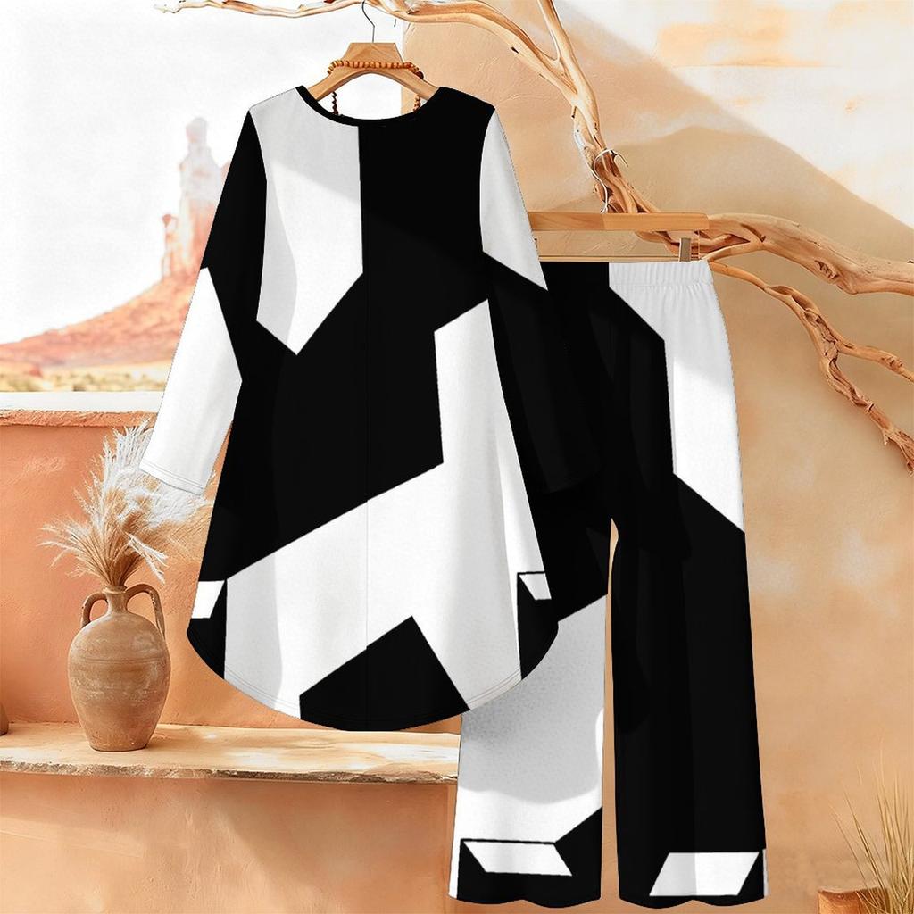 Geometrický Vzor Dvoudílný Outfit Dámský Dlouhý Rukáv Nepravidelný Lem Tunika Široké Kalhoty Ležérní Sladěný Set