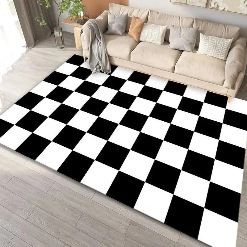 Black White Geometric Rug , Striped Checkered Carpet Soft Non-Slip Doormat , Modern Artistic Floor Mat for Living Room Bedroom