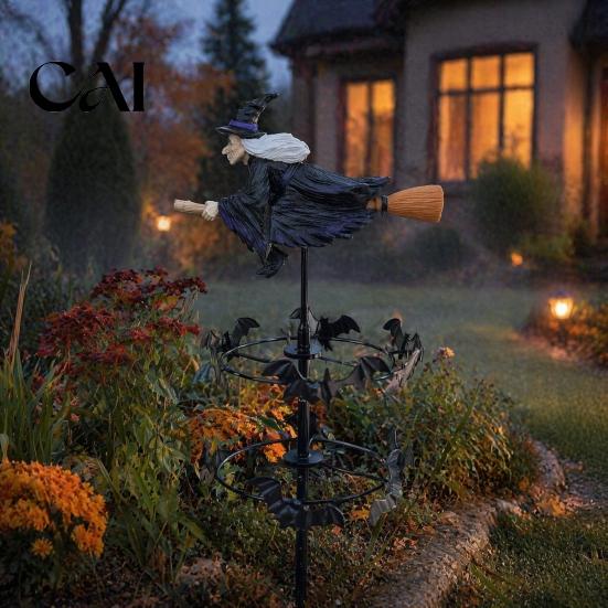 Halloween Outdoor Path Decor Witch Garden Wind Spinner, Resin Statue Stake, Spooky Bats Whimsical And Spinner for Yard Art Lawn Pathway Metal Catchers