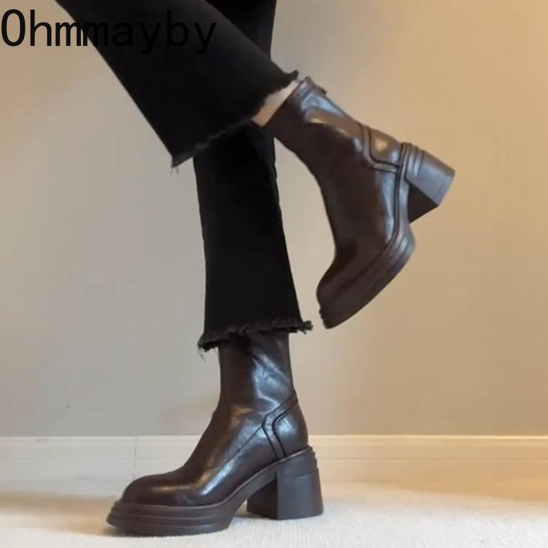 Winter Platform Thick Heels Women Ankle Fashion Short Plush Female Retro Slim Booties De Muje for Adult Women