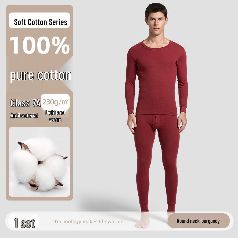 Men's 100% Cotton High-Neck Knit Thermal Set: Antibacterial Top & Bottoms, Plus Sizes