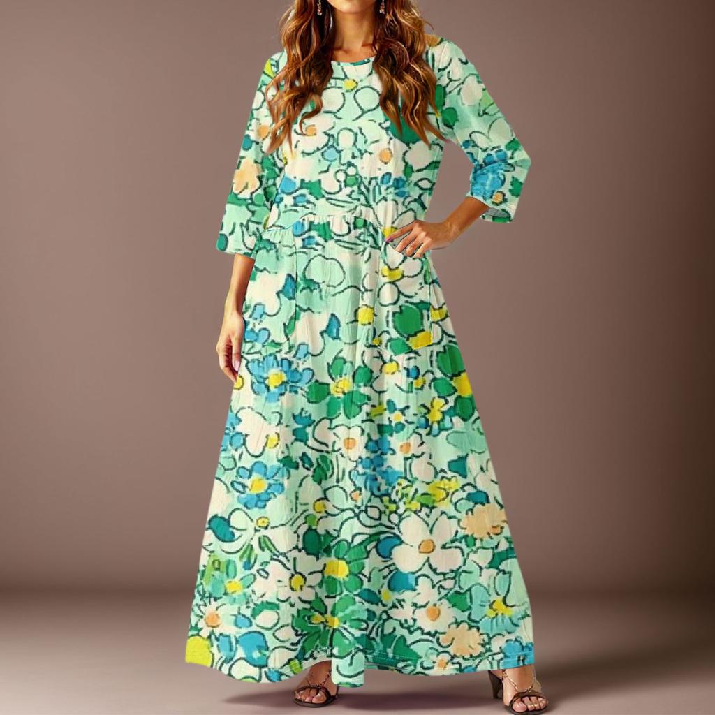 Damen Freizeitmode Blumenmuster Dreiviertelarm Langes Kleid mit Taschen