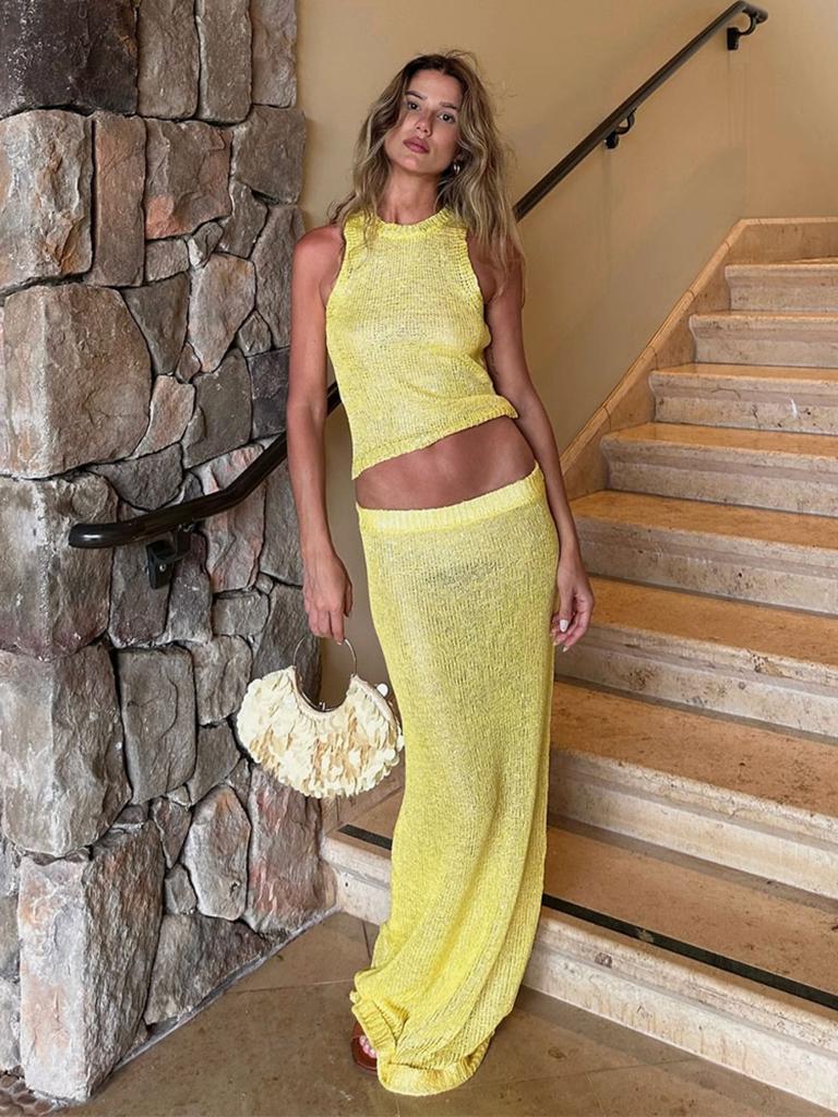 Stylish Blue Crochet Knit Tank Top Maxi Skirt Set Womens Two Piece Beach Cover Up K68