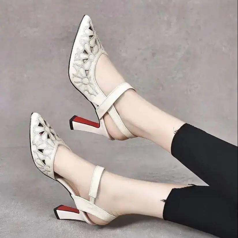 

Fashion Red Footwear High Heels Pointed Toe Women s Shoes Medium Thick Heel Summer 2024 Buckles Leather One Word Sandals for Woman Korea 40