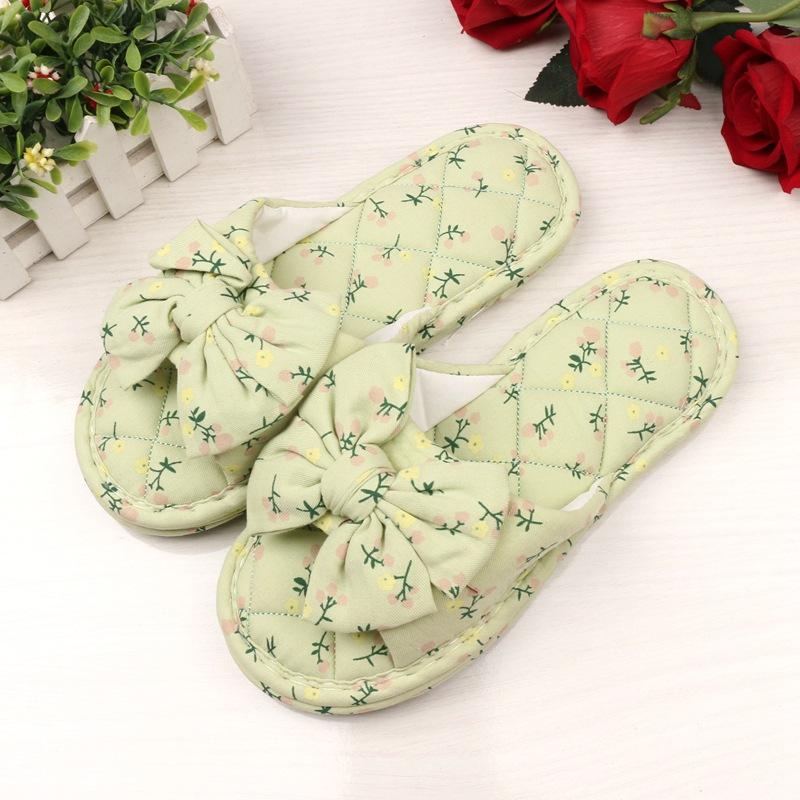 Broken flower bow women's rubber bottom three-layer thickened fabric slippers indoor wooden floor open slippers
