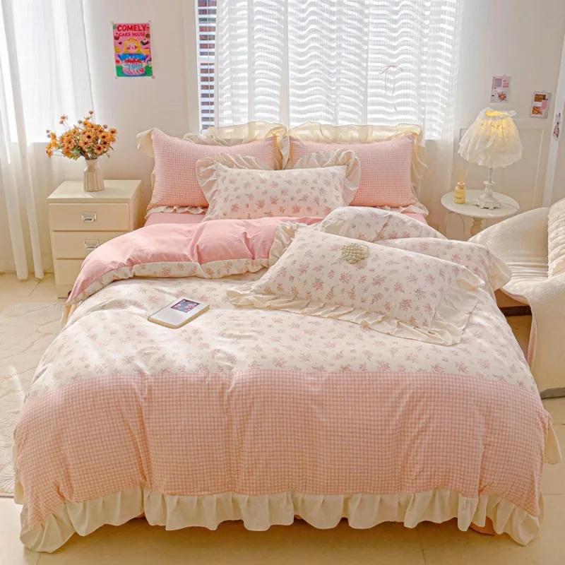 4pcs  Korean Lace Duvet Cover Set (1*Duvet Cover + 2*Pillowcase, Bed Sheet/fitted Sheet), Pink Checkered Print Bedding Set
