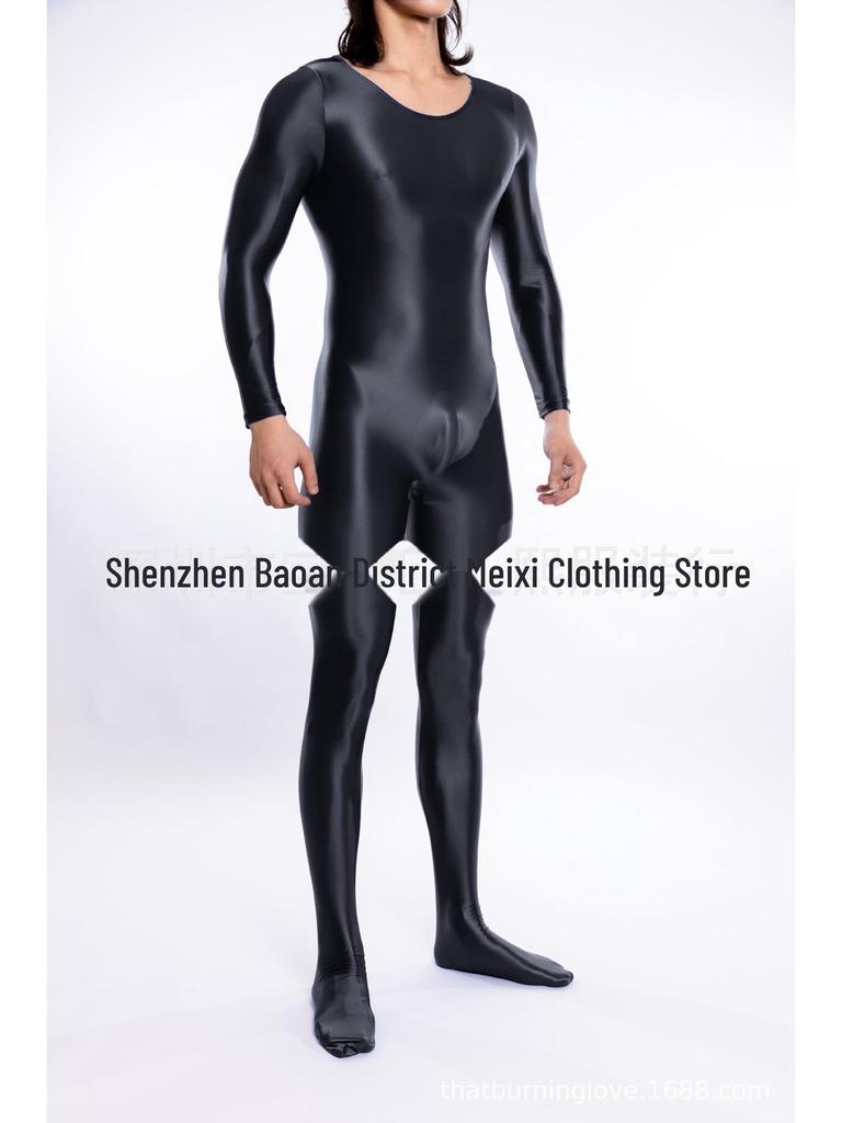 High Elastic Glossy Unisex Full-Body Jumpsuit - Large Size, Silky Luster, European & American Style, Sexy & Transparent, Smooth (Model 7076)