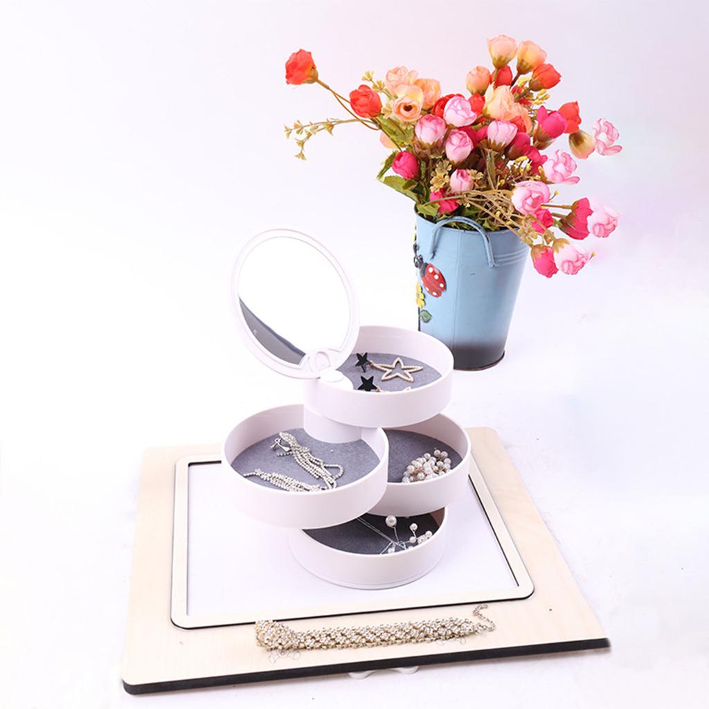 Tragbare Schmuckschatulle Reise Schmuckkoffer 4 Schichten Drehbarer Ohrring Aufbewahrungsorganizer mit Spiegel Weiß