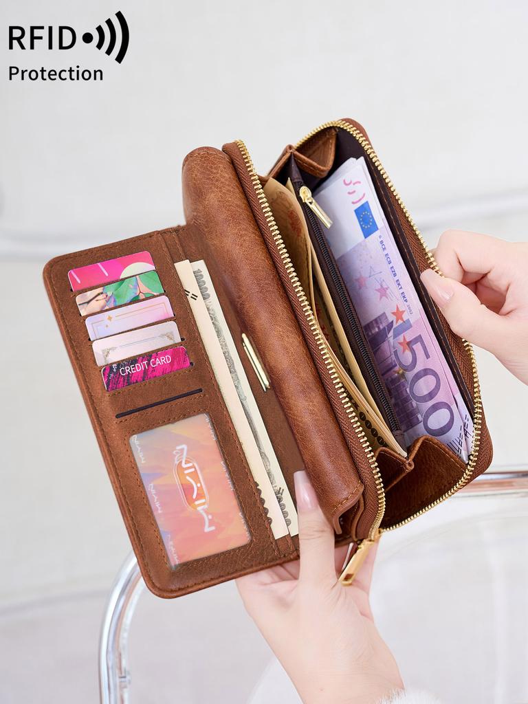 RFID Blocking Women's Wallet Large Capacity Credit Card Holder Clutch Bag Trifold Large Capacity Zipper Long Wallet Coin Purse