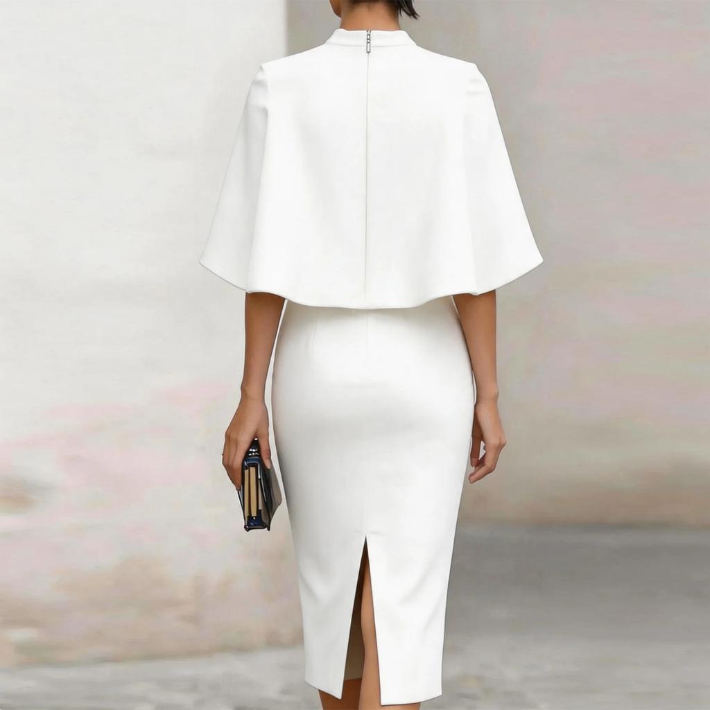 Women's Fashion Midi Dress Round Neck Short Sleeve Bodycon Pencil Dress with Cape Overlay Elegant Slim Fit Knee Length Dress