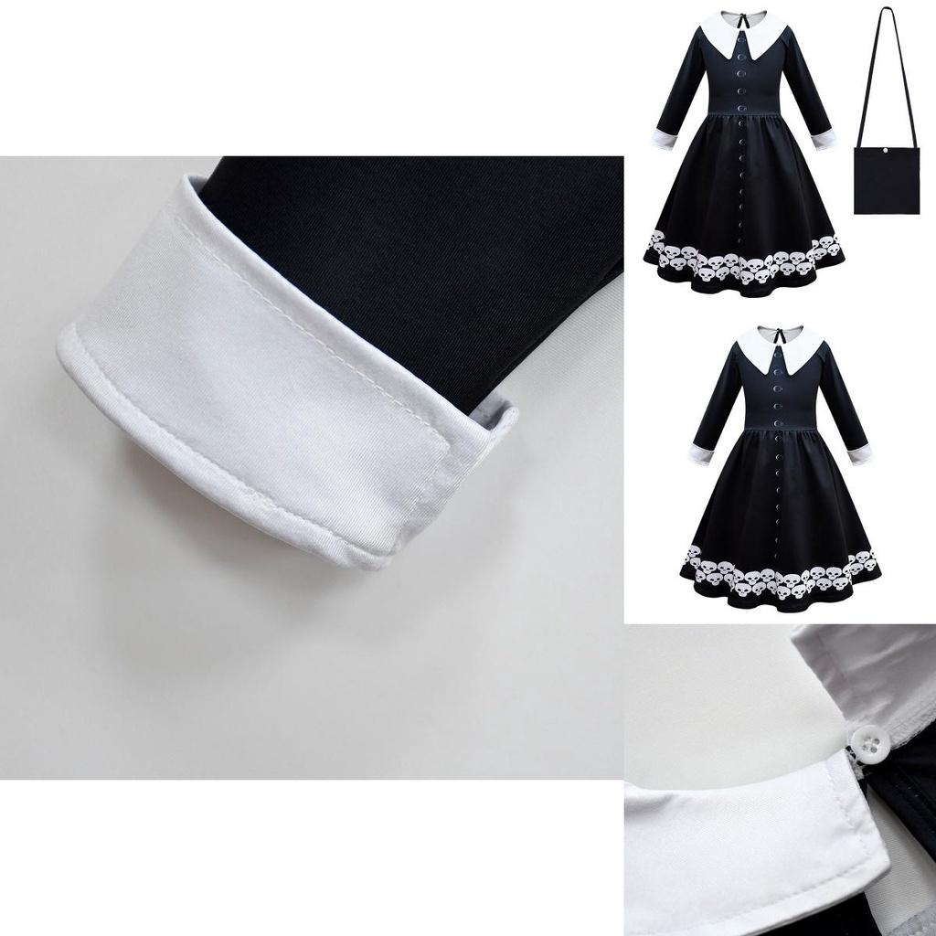 Vestido Wednesday Addams Bolsa Peruca Fantasia Cosplay Meninas Festa de Natal