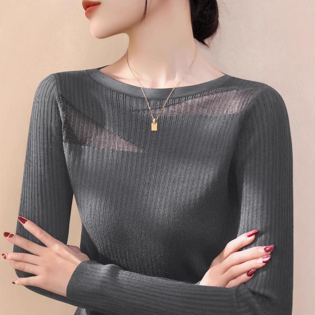 WTEMPO Women's Round Neck Lace Mesh Knitted Sweater Women's Sweater Spring and Summer