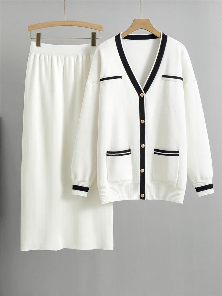 Damen Übergröße Mode Lässiges Strickset: Lockerer Pullover & Midirock für Herbst/Winter