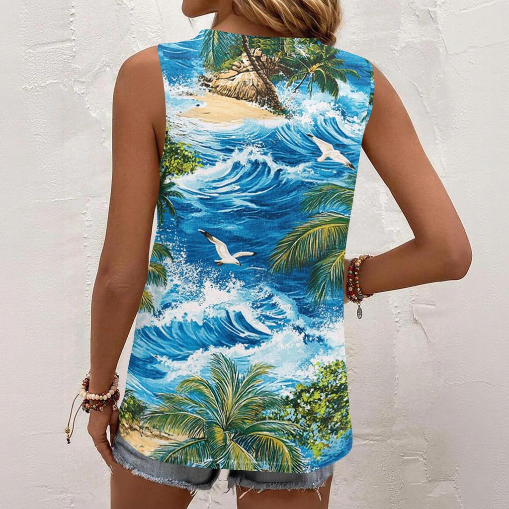 Women's Summer Casual Pleated Square Neck Sleeveless Tank Top Printed T-Shirt