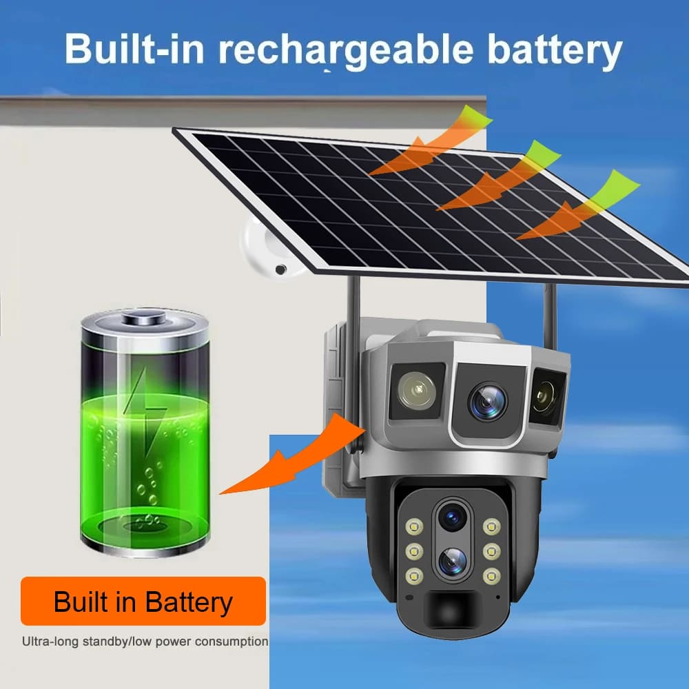 Caméra solaire 12MP 3 objectifs 4G Carte SIM Réseau Zoom 10X Protection de sécurité pour maison intelligente Vision nocturne 6K Caméras de surveillance vidéo IP CCTV