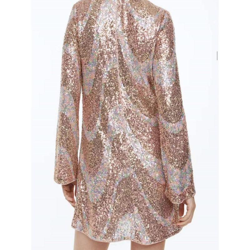Export H Home Elegant Exquisite Sequin Disco Nightclub Shiny Long Sleeves O-neck Short Easiest for Match Autumn Dress Women