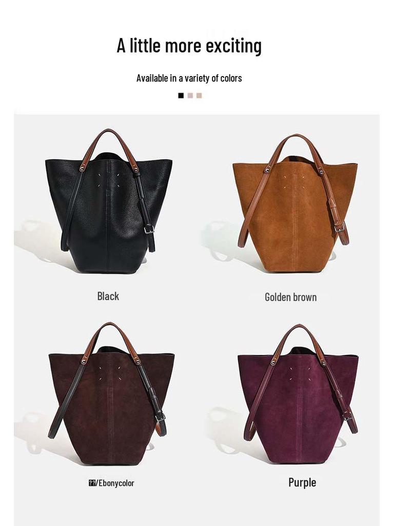 2025 Women's MM6 Equestrian Tote: Large-Capacity Cowhide Handbag, Stylish Commuter Bucket Bag