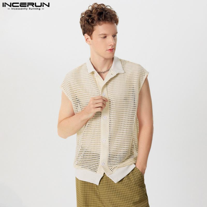 INCERUN Men Summer V Neck Sleeveless Hollow Tank Tops See Through Mesh Vest