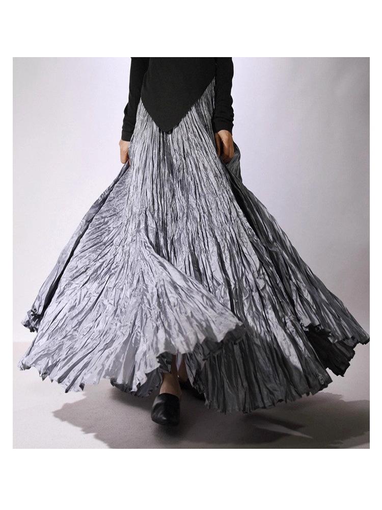 Women's 2026 Spring Textured Pleated Skirt - High Waist, Large Hem, Long Length, Simple Style