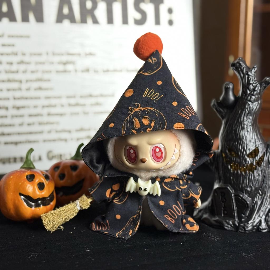 Halloween Atmosphere Pumpkin Cape for Labubu Cute Magic Broom Cloak Set Bat Decorative Button for 17cm Ladbubu Dolls Accessories