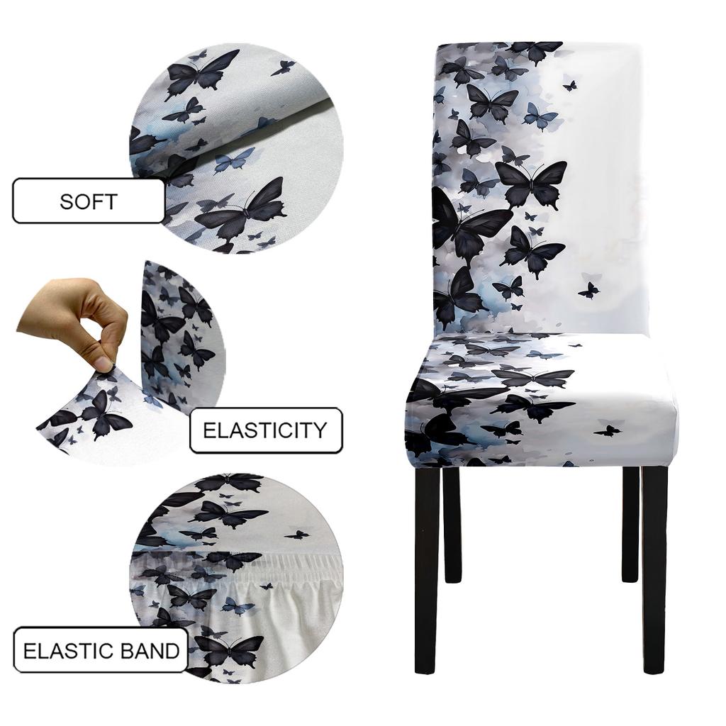 4/6pcs Black and white butterfly print chair cover home decoration stretch dining chair cover washable four seasons