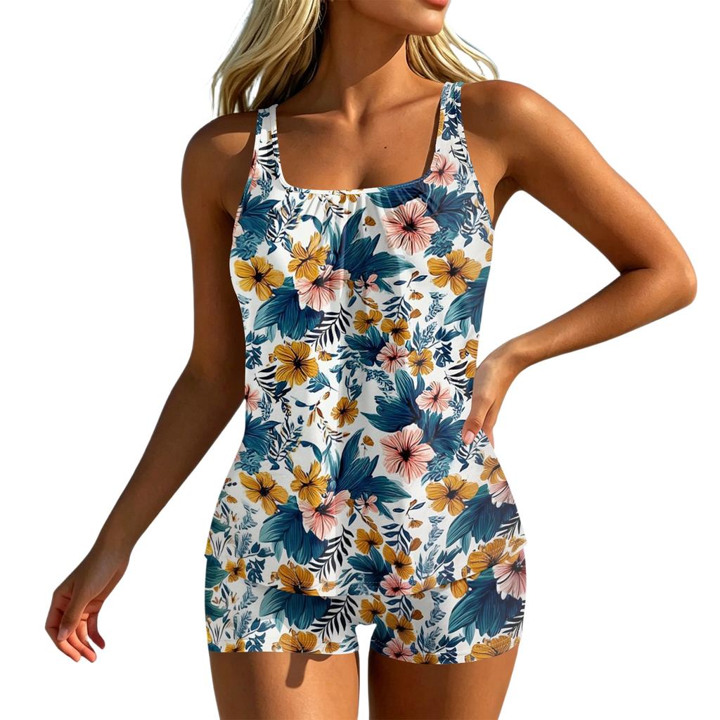 Women’s Swimsuit Boyleg Tankini Bathing Suit with Tropical Floral Print Wide Shoulder Straps Swimwear