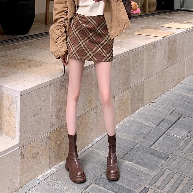 Thick Heel Platform Martin Boots Women's British Style New Autumn and Winter Elastic Small Brown Short Boots