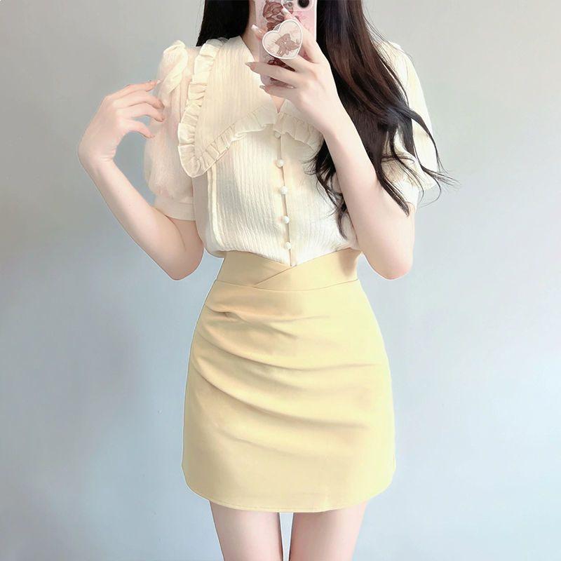 Summer Salt Outfit: Lightly Mature Pure Style Two-Piece Shirt and Skirt Set for Women S