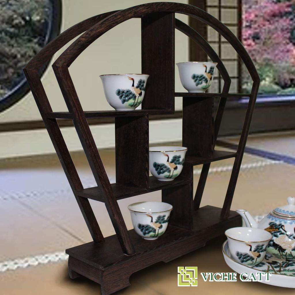 VICHE CATT Chinese Tea Incense Vase Display Wooden Flower Japanese Modern Antique Object Utensil, Burner, Bonsai, Stand, Rack, Style, Furniture, (Fan