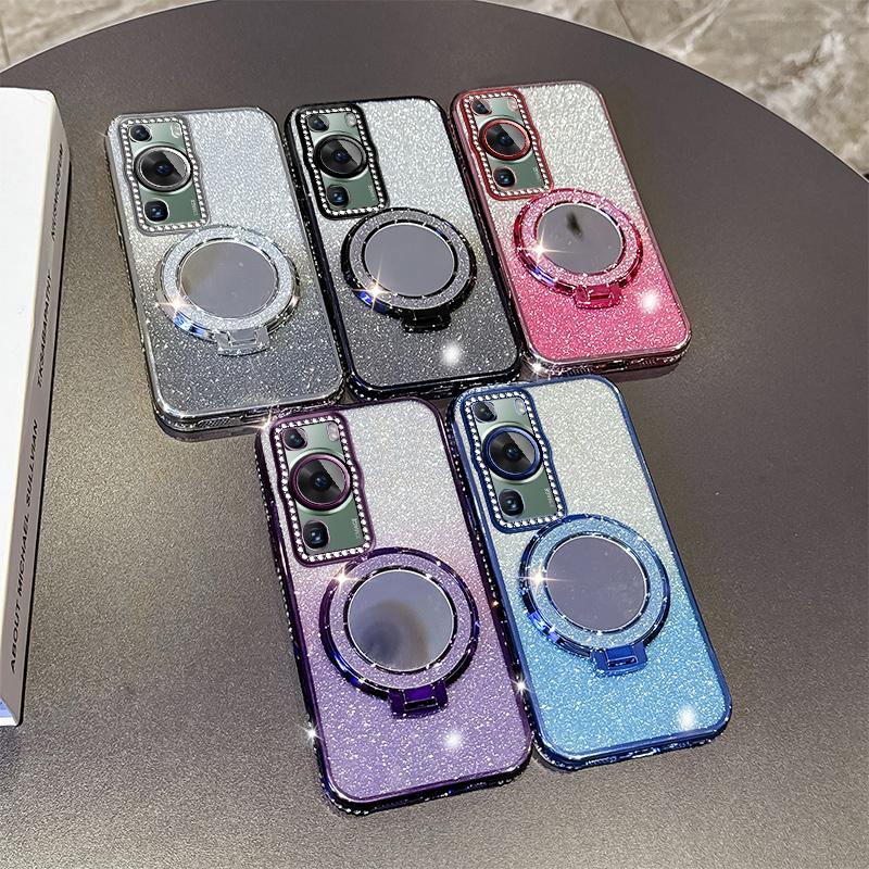 KEYSION Luxury Glitter Jewelled Magnetic Phone Case for Huawei P60 Pro Makeup Mirror Stand Shockproof Cover for Huawei P60