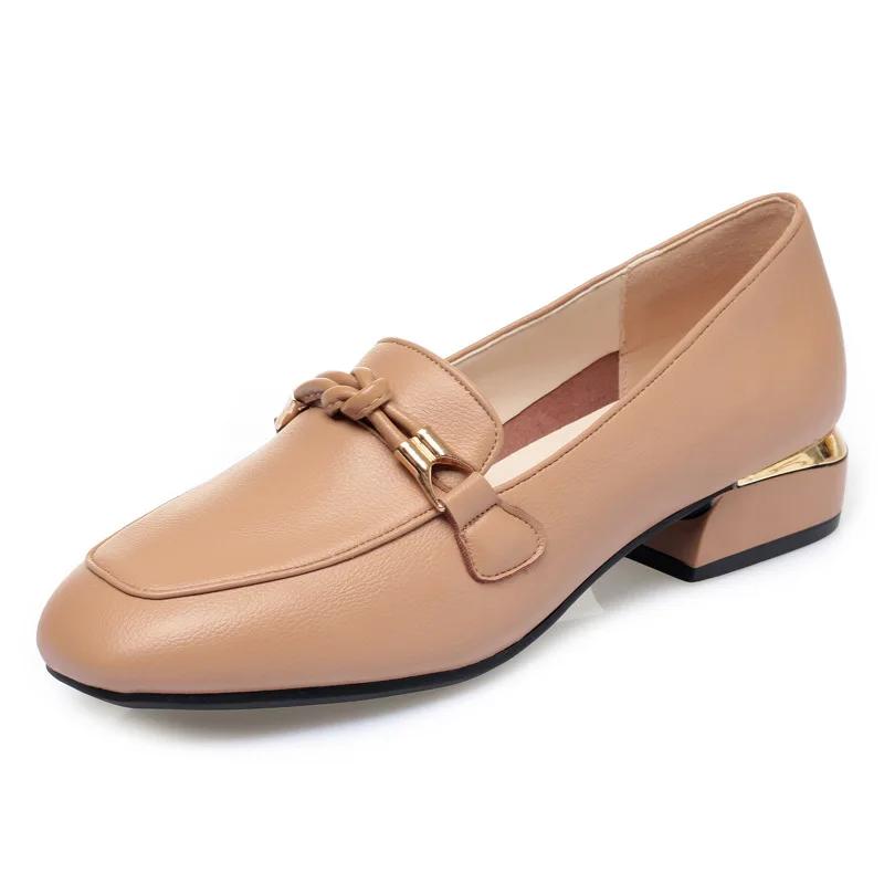 Elegant Thick Heeled Pumps Women Soft Leather Round Toe Slip-On Loafers Comfort Low Heel Lady Shoes Handmade Women's Work Shoes