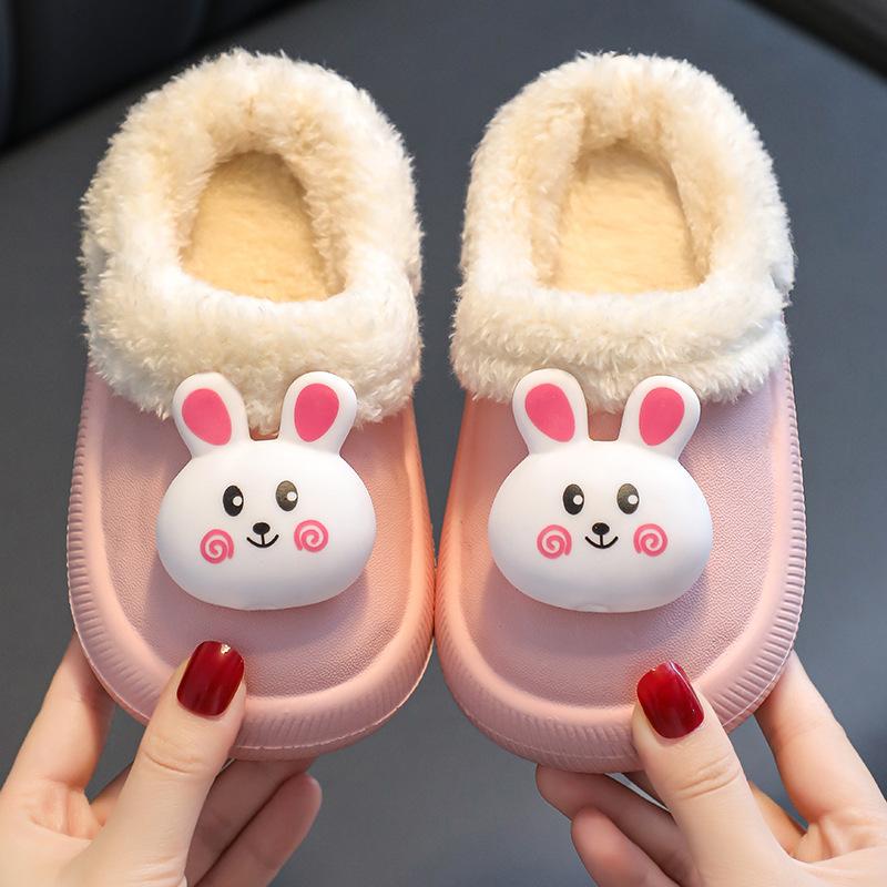 Baumwoll-Hasenpantoffeln für Kinder für drinnen, warme Plüschpantoffeln für Mädchen, niedliche, rutschfeste, wasserdichte Schuhe für den Heimgebrauch im Winter