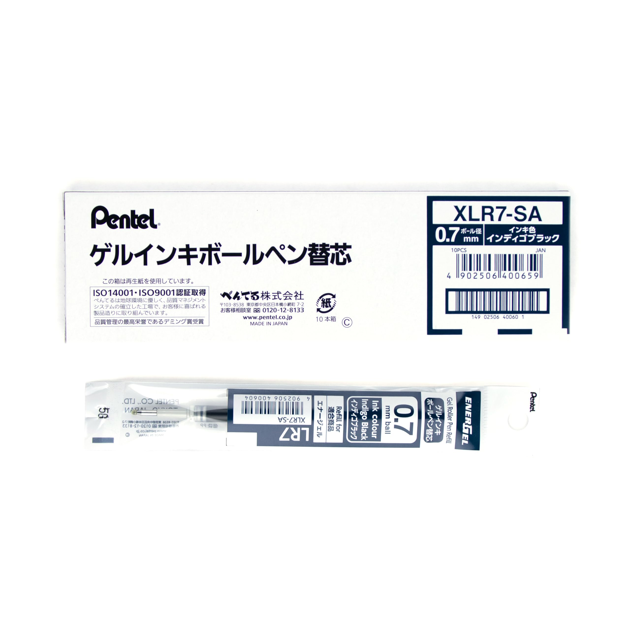 Pentel Ballpoint Pen Indigo Refills, EnerGel, 0.7mm, Black, 10-Pack, XLR7-SA(10)