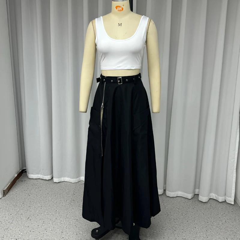 2 Piece Set Women Stylish Solid Round Neck Sleeveless High Waist Vest Slim Top Loose With Pockets Zipper Long Skirt Sets Spring Summer 2024 New