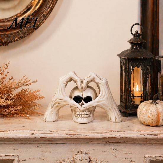 Creative Tricky Festival Gift Gothic Skeleton Hands Heart Sculpture with Skull, Romantic Love Statue, Halloween Unique Haunted House Props Shape