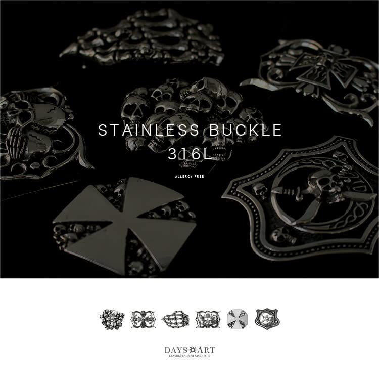 Stainless Steel Cast Design Surgical Stainless Leather Genuine [Days Art] Buckle, Allergy-free, Buckle, Steel, Chrome, Biker, Belt, Leather, Men's