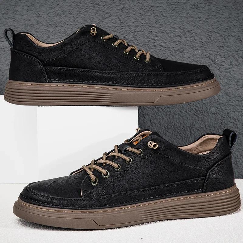 Casual Leather Shoes Men Genuine Leather Mens Sneakers Comfortable Lace-up Solid Male Sneakers Fashion Daily Skateboard Shoes