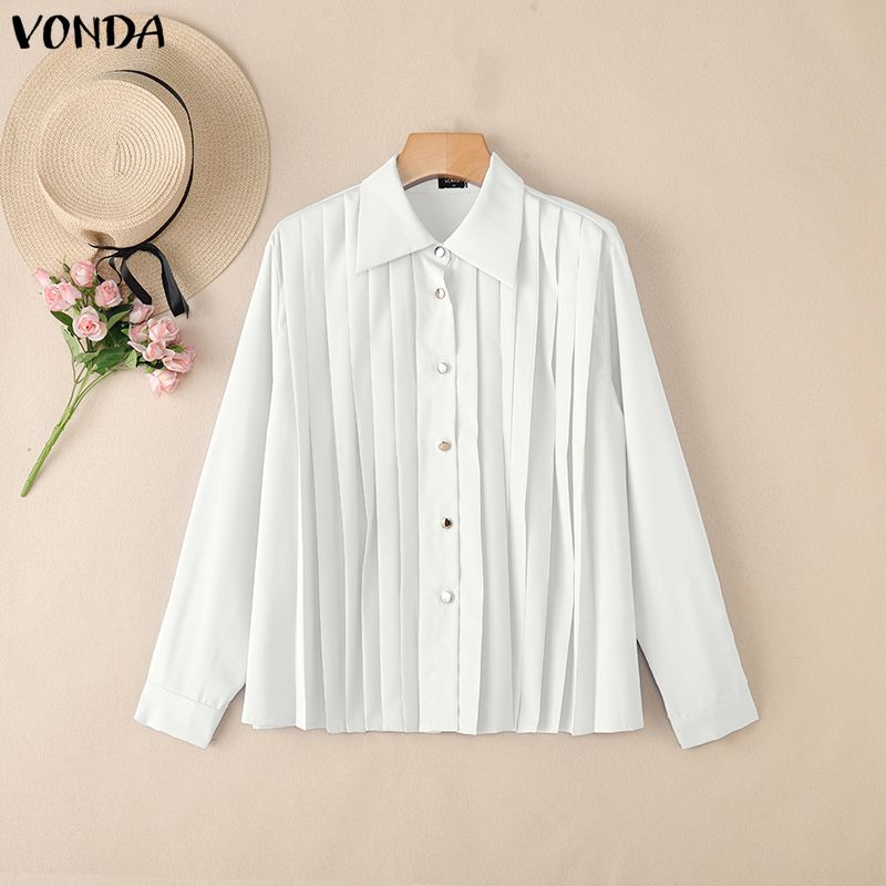

VONDA Женская Повседневная Блузка с Элегантными Рюшами и Плиссировкой, с Длинным Рукавом и Отложным Воротником 5XL белый
