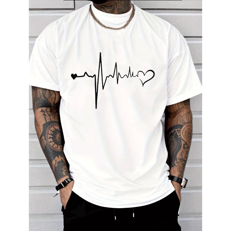 

European sizes Men s Fashion Casual Trendy Street Style Crewneck T Shirt with Heartbeat Line Heart Shape Pattern Adults Men s Outfits Suitable 4XL білий