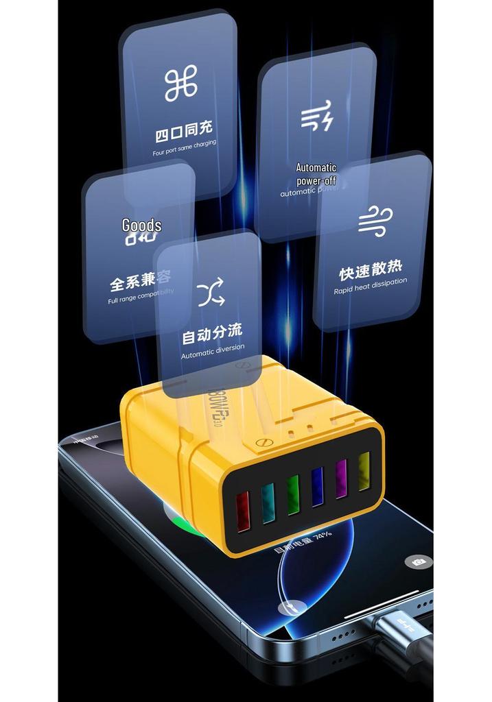 180W GaN Fast Charger with PD3.0, QC3.0, Super Flash Charge, 6-Port USB, Auto Disconnect