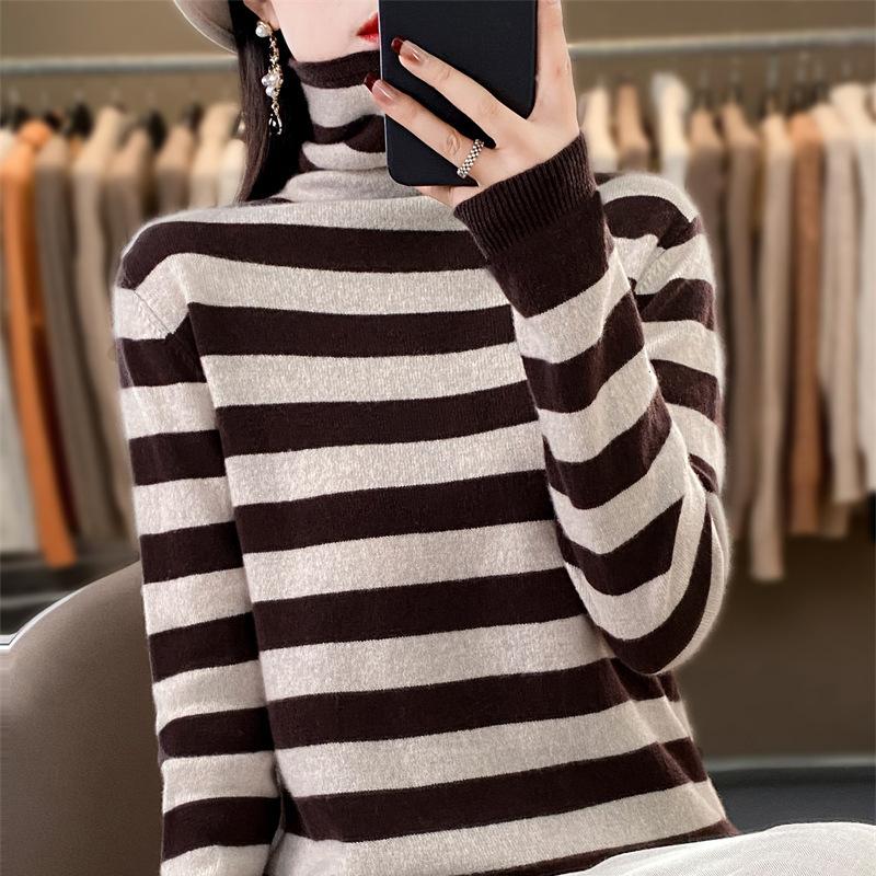 

DAFIFY Женская мода повседневная осень-зима полосатый принт длинный рукав высокий ворот свитера XXL кофейный