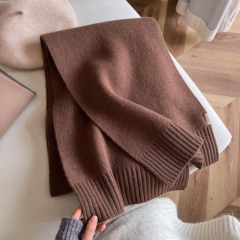 High-grade 100 Wool Scarf Women's Winter Thickened Warm High-end Sense Simple Monochrome Knitted Versatile Scarf Gift