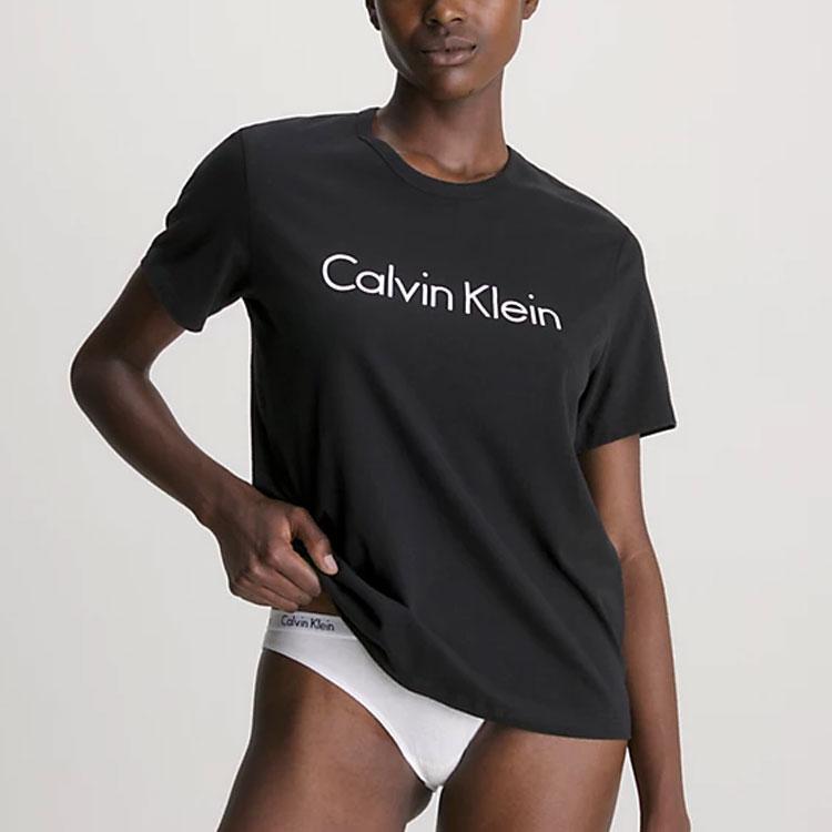 Calvin Klein Color Block Letter Print Comfortable Short Sleeve Pajama Top Women Tops Black 000QS6105E-001