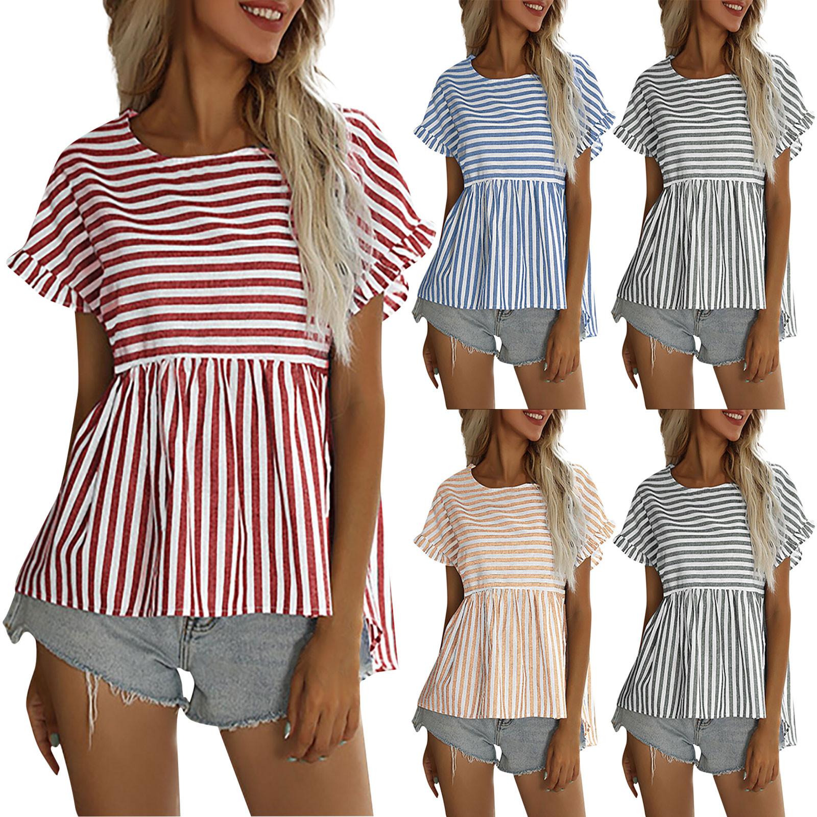 

Женский модный повседневный пуловер с коротким рукавом с круглым вырезом и полоской топ