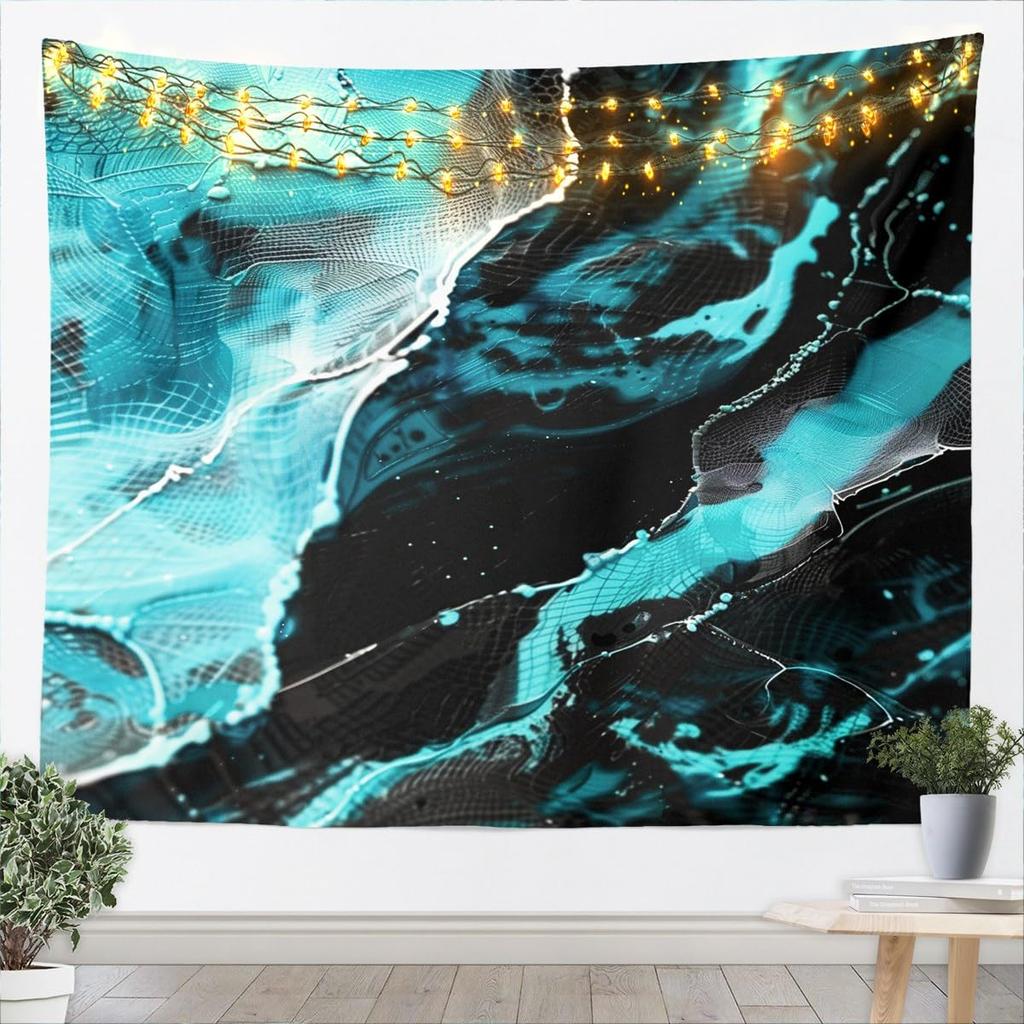 Blue Gold Marble Tapestry, Luxury Ocean Wave Wall Hanging with Golden Veins for Bedroom, Living Room & Aesthetic Home Decor