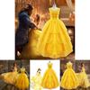 Disney Princess Belle Cosplay Costume Fancy Dress Halloween Adult Yellow Layered Full-length Ball Gowns