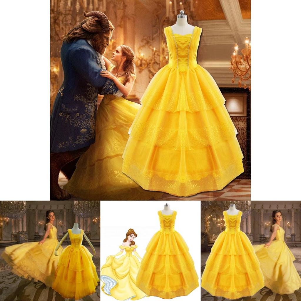 Disney Princess Belle Cosplay Costume Fancy Dress Halloween Adult Yellow Layered Full-length Ball Gowns